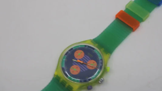 NEAR MINT 1991 Swatch Neo Wave wristwatch, SCJ100 Fluorescent Chronograph, Original Strap