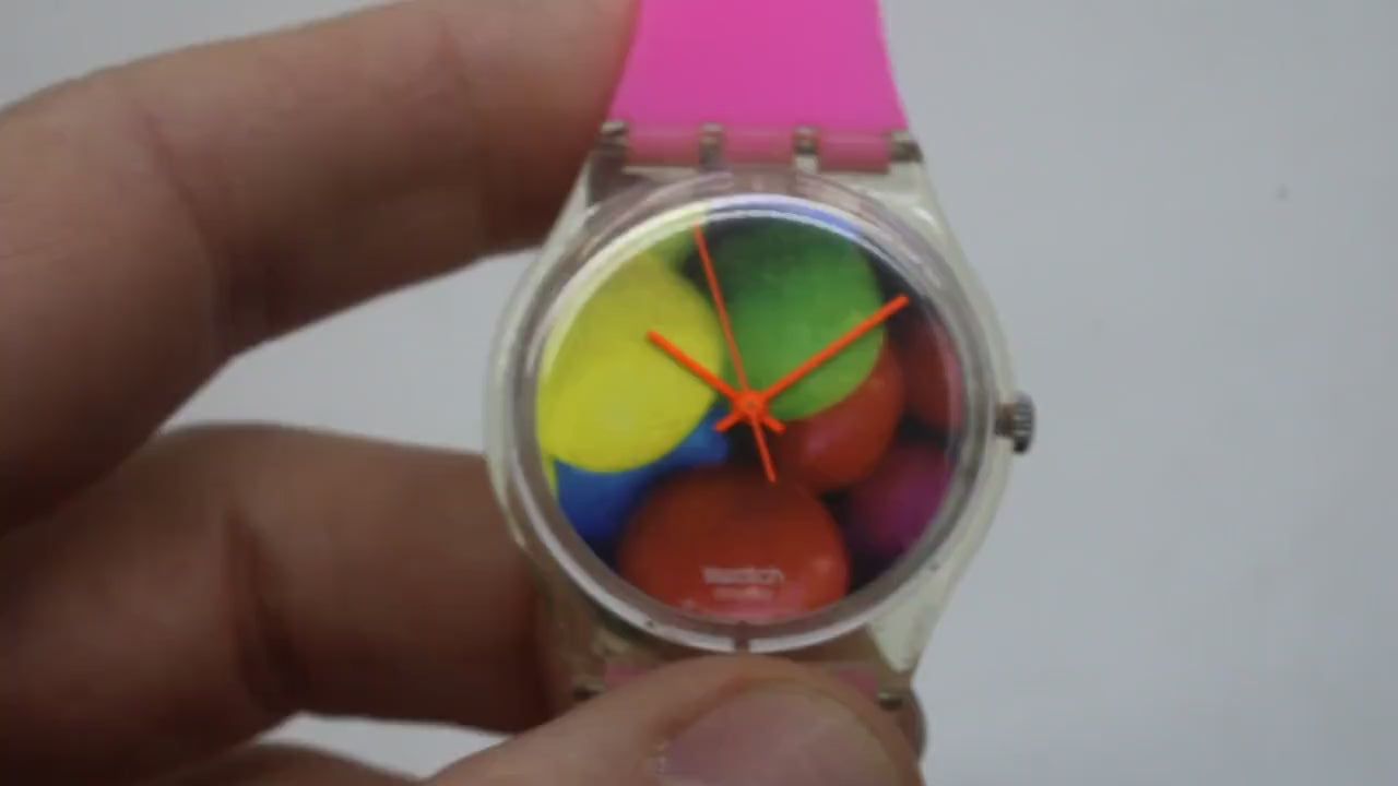 Vintage Gents 34mm Swatch, Bubblegum, GK283, very nice, used condition, working