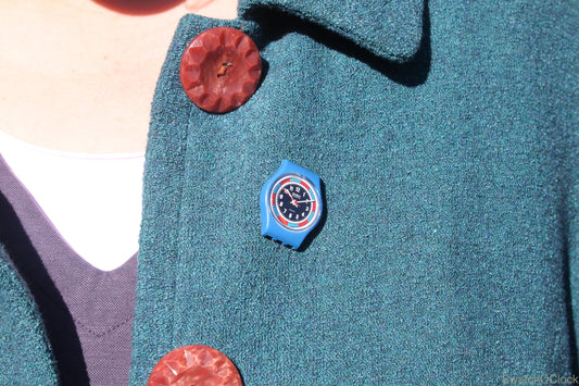 Swatch Pin / Brooch, Vintage & Unique, 1985 Tri Color Racer LS102 Ladies Swatch PIN - Non-working Dummy Swatch converted to PIN