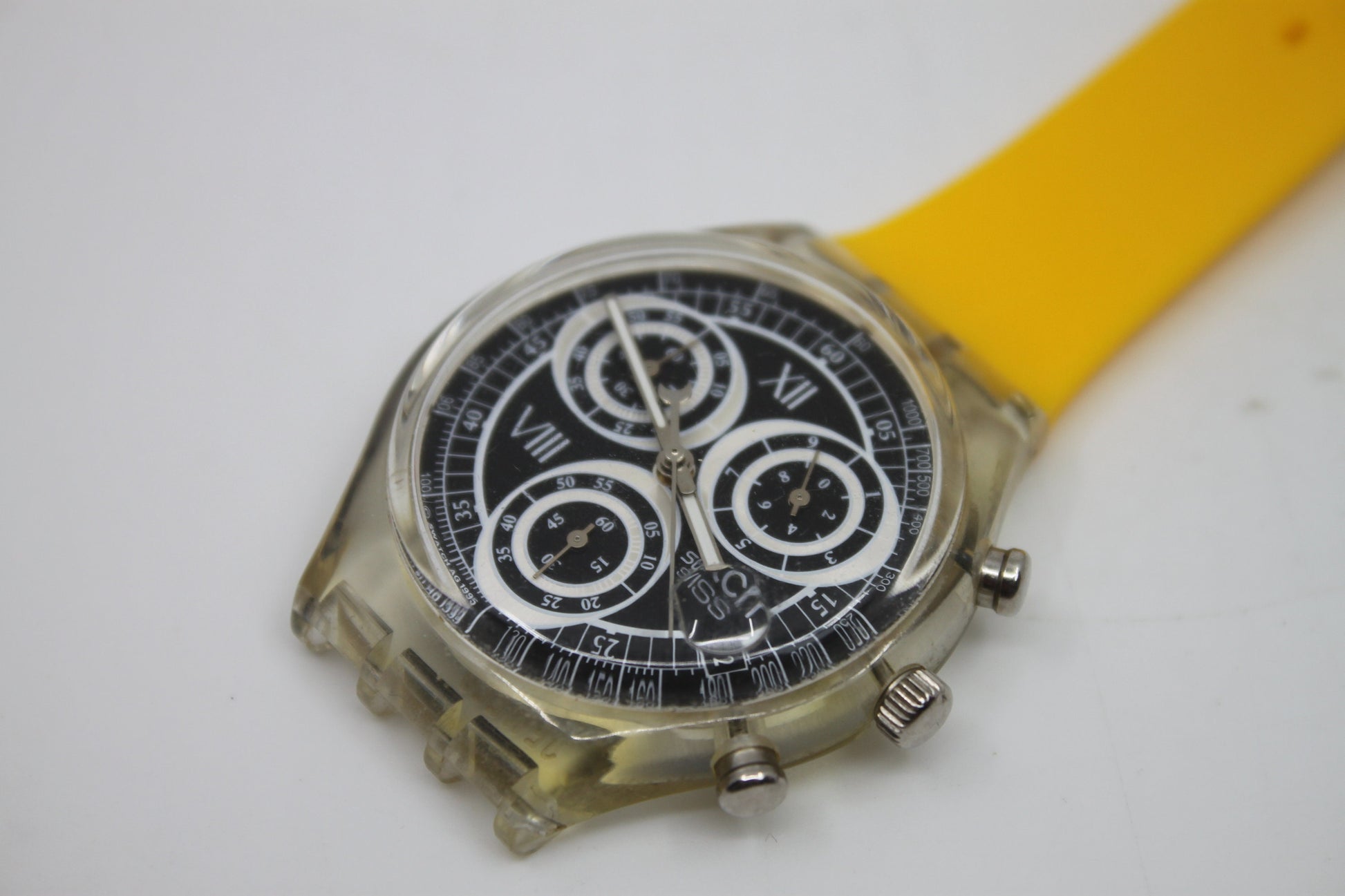 Unique, Vintage Swatch Keychain, SCK407, 1996, 'Shiny Start', made from recycled, NON-working Chrono Swatch watch