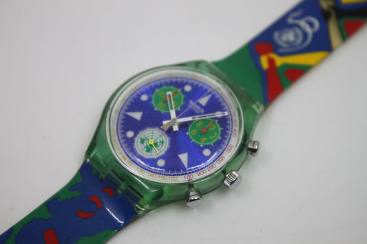 1994 'Unlimited' vintage Gents Chrono Swatch SCZ103, 50 years United Nation, Near Mint Condition, with the original strap, working 100%