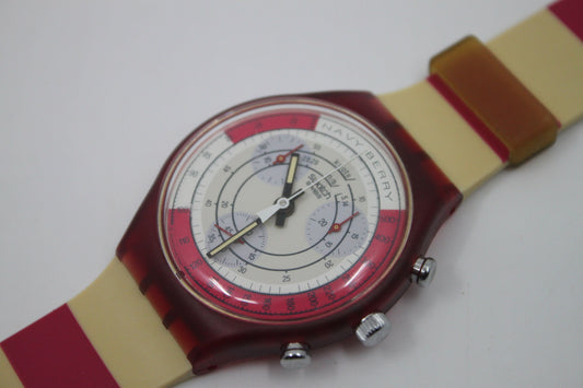 1991 'Navy Berry' vintage Gents Chrono Swatch SCR100, NEW OLD STOCK, Never Worn, with the original strap