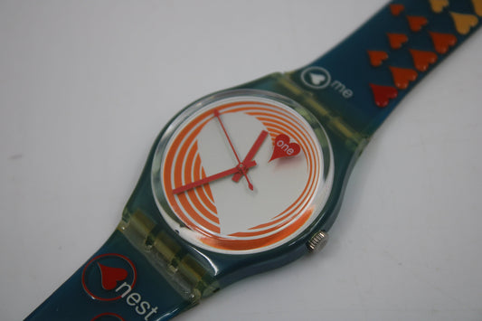 2000 Vintage Gents Valentines Swatch, 'Heartbeat', GN187, NEW and UNWORN, working 100% nice early vintage Swatch watch, strapholder broken