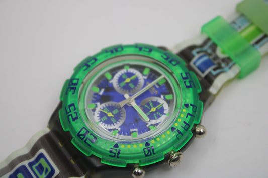 1996 Vintage Swatch Aqua-Chrono Scuba 'Control Panel' SBM104, Near Mint Condition, working 100%