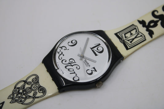 1995 Vintage Swatch watch 'Black Letter', GB163, working 100% Nice condition with original strap