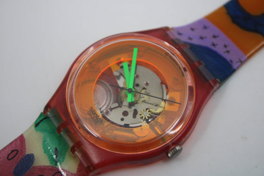 1990, Vintage Gents Swatch, 'Mango Dream' GR105, VERY nice, used condition, original BROKEN strap, working 100%