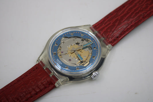 1992 'Red Ahead' Vintage Gents Automatic Swatch SAK101, NO box, near mint condition, original, leather strap