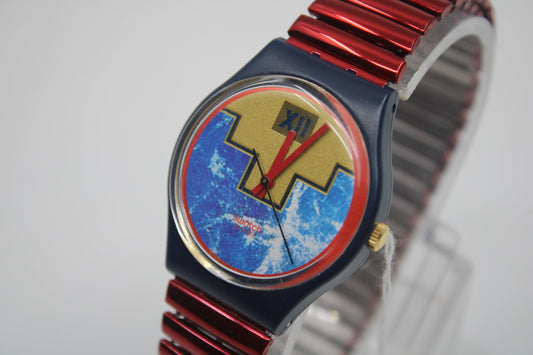 1991 Vintage Gents Swatch, 'Blue Flamingo', GN114, NO box, In VERY Nice, MINT Condition, 100% working, Non-Original Strap