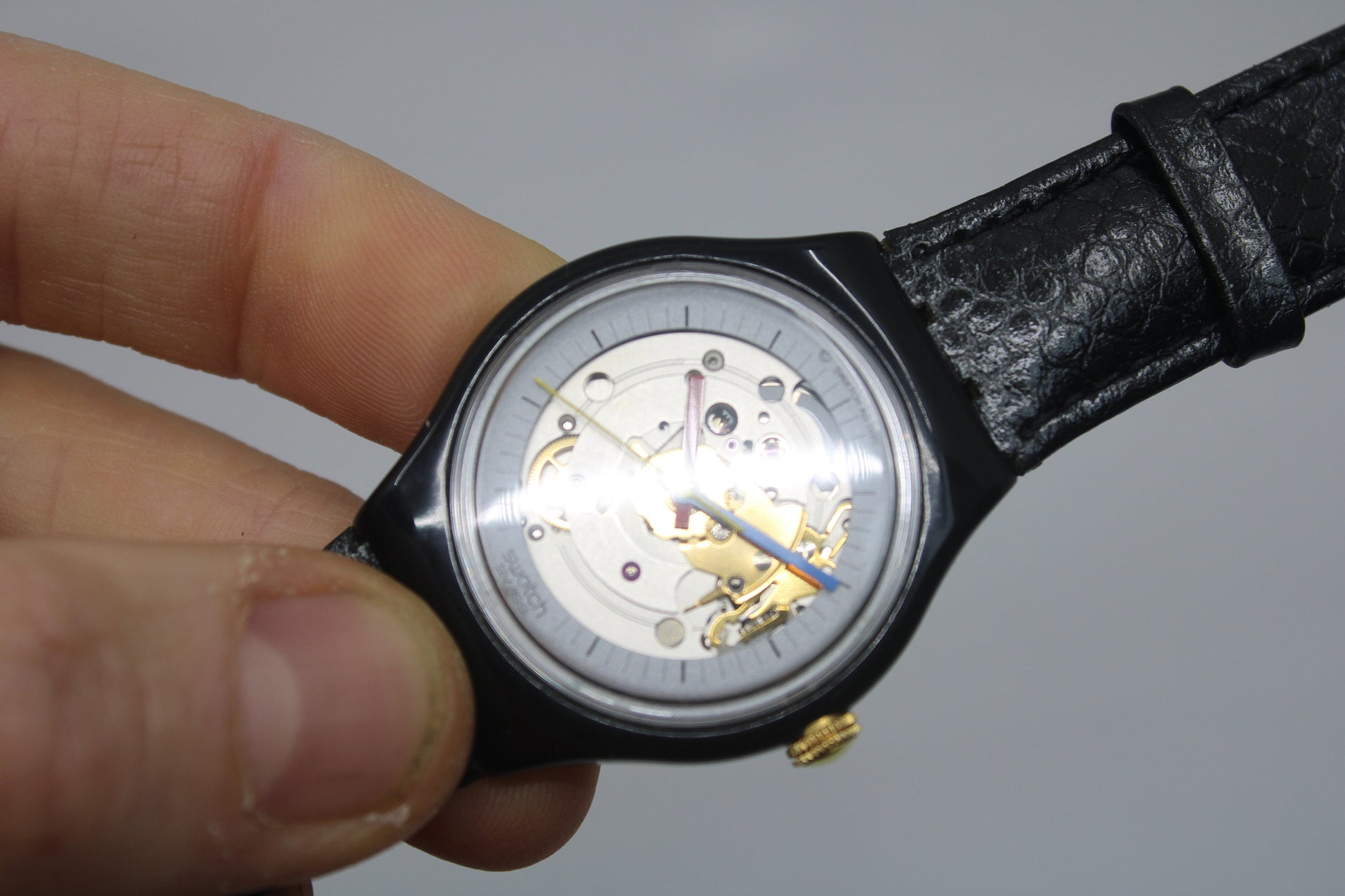 1985 UNIQUE 'Jelly Fish' Vintage Gents Automatic Swatch GK100, NO box, WORKING perfectly, with Brand New Swatch leather strap