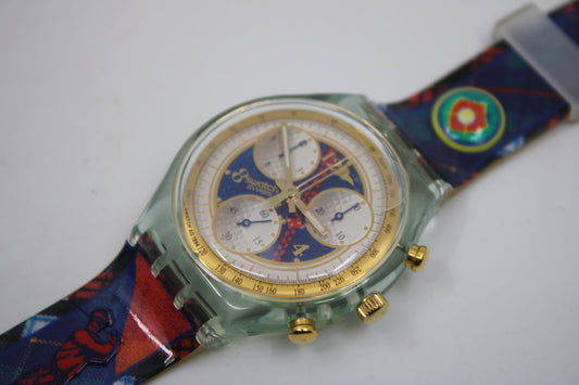 1995 'Hole in One', CRACKED STRAP vintage Gents Chrono Swatch SCG106, in a New Old Stock, Unused Condition, working 100%