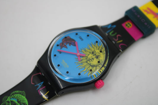 1993 Vintage Musicall Swatch 'Europe in Concert' SLB101, Jean Michel Jarre, NEW OLD STOCK, working 100% with original cracked strap
